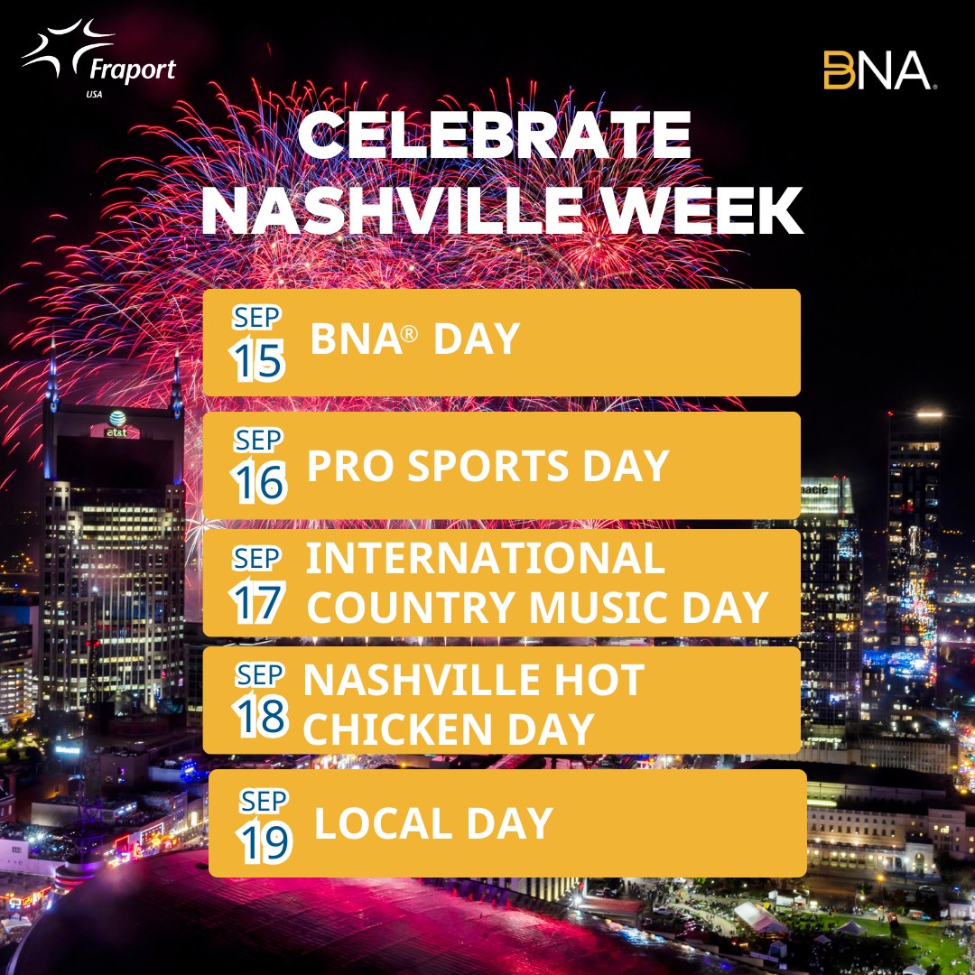 Celebrate Nashville Week is HERE! We’ve teamed up with Fraport USA to bring the best of Nashville straight to BNA. From live music to hot chicken, there’s something for every traveler to enjoy.
