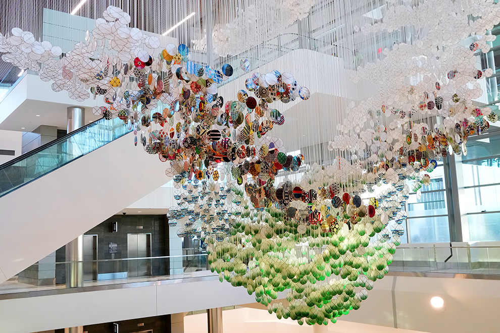 Hanging sculpture composed of 9,000 washi paper and bamboo kites inside the Nashville International Airport's Grand Lobby