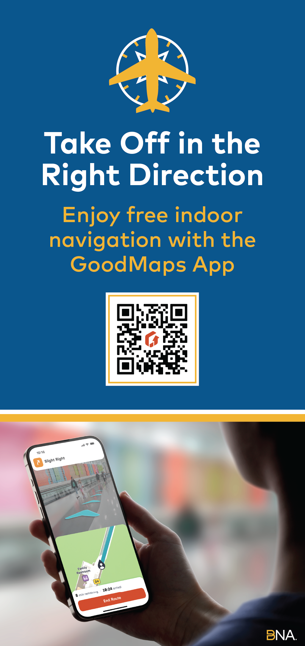 Enjoy free indoor navigation with the GoodMaps App. Scan the QR code to download the app now.