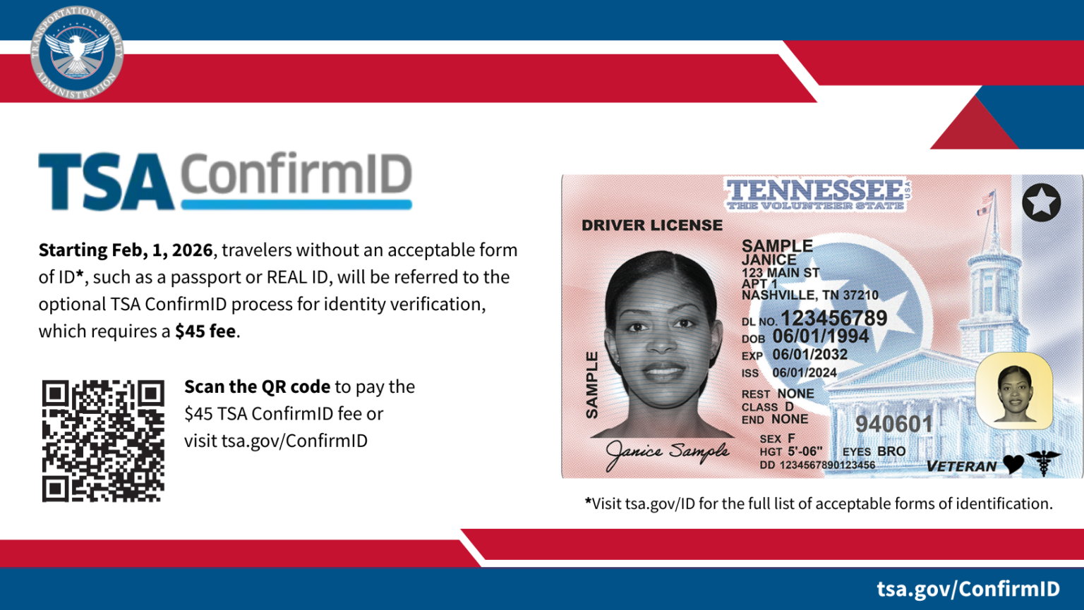 Starting Feb, 1, 2026, travelers without an acceptable form of ID, such as a passport or REAL ID, must pay a $45 fee. The Transportation Security Administration (TSA) will then attempt to verify your identity so you can go through security Please note: Using TSA ConfirmID is optional. If you choose not to use it and don't have an acceptable ID, you may not be allowed through security and may miss your flight.