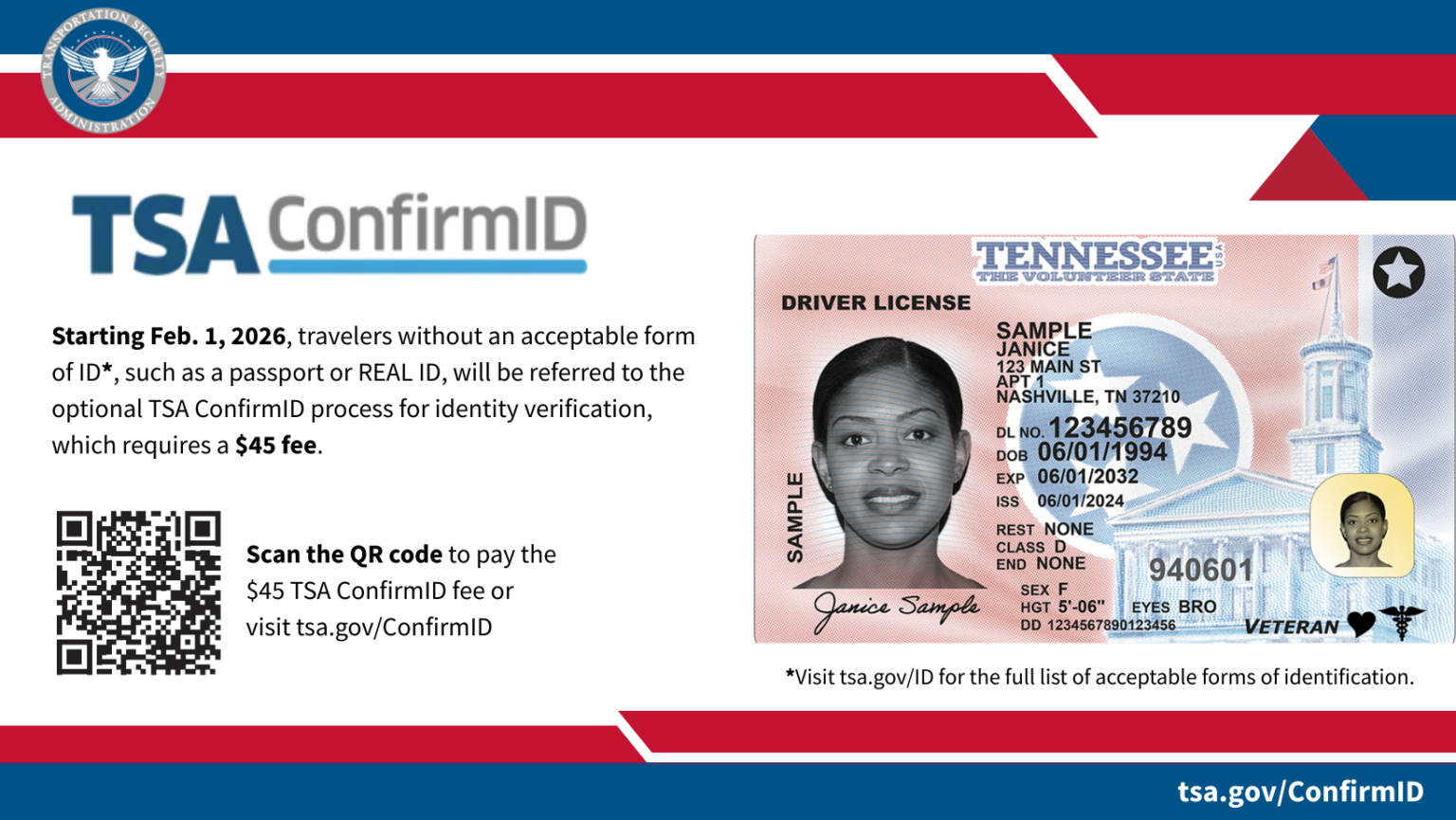 Starting Feb, 1, 2026, travelers without an acceptable form of ID, such as a passport or REAL ID, must pay a $45 fee. The Transportation Security Administration (TSA) will then attempt to verify your identity so you can go through security Please note: Using TSA ConfirmID is optional. If you choose not to use it and don't have an acceptable ID, you may not be allowed through security and may miss your flight.