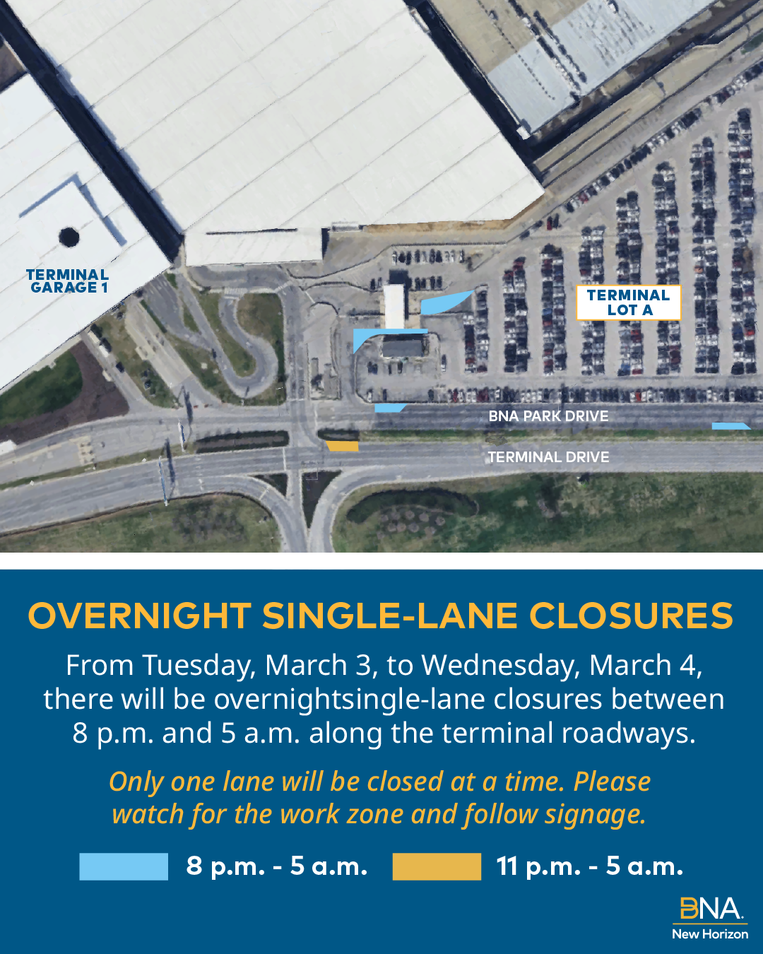 Overnight single lane closures will occur March 3 and March 4, along Terminal Drive, BNA Park Drive and the entrance/exit to Terminal Lot A (lot will remain accessible at all times) while crews perform initial work for the new rental car facility and parking garage. Only one lane will be closed at a time. Drivers are encouraged to watch for work zones and follow signage. 